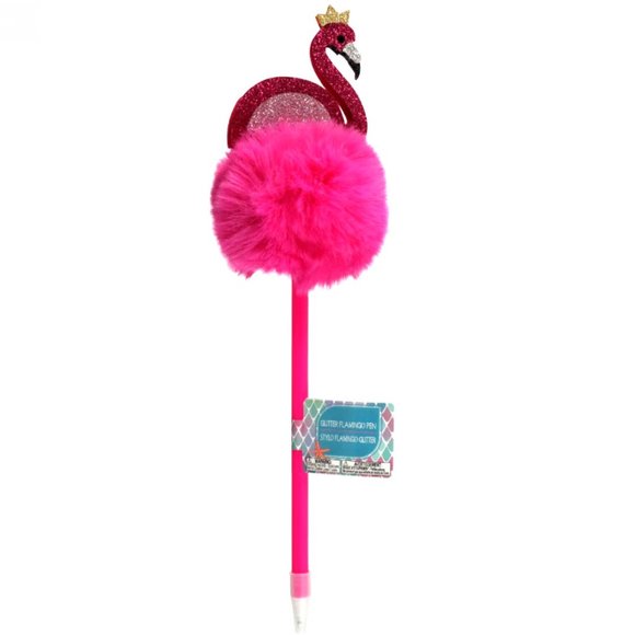 *3/$15 Fun Furry Pom Pom Sparkly Pink Flamingo Pen - Picture 2 of 2